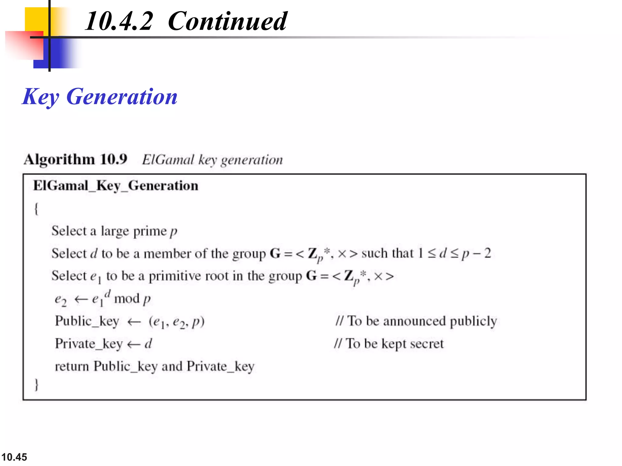 10.45
Key Generation
10.4.2 Continued
 