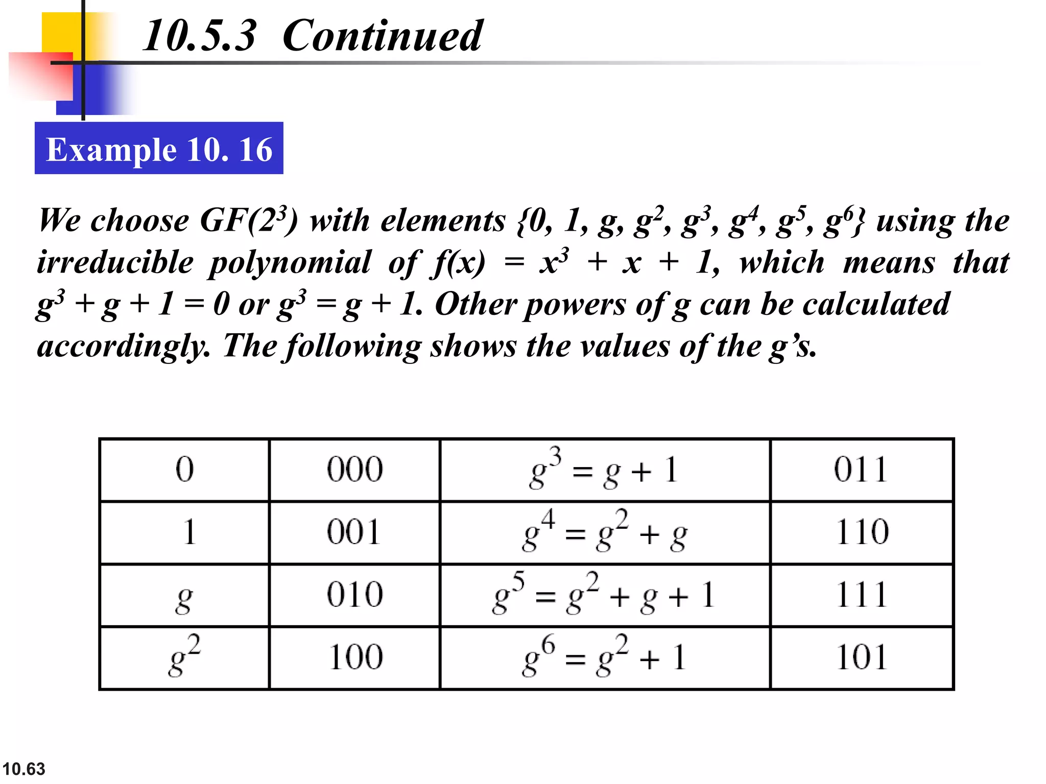 10.63
10.5.3 Continued
Example 10. 16
We choose GF(23) with elements {0, 1, g, g2, g3, g4, g5, g6} using the
irreducible polynomial of f(x) = x3 + x + 1, which means that
g3 + g + 1 = 0 or g3 = g + 1. Other powers of g can be calculated
accordingly. The following shows the values of the g’s.
 