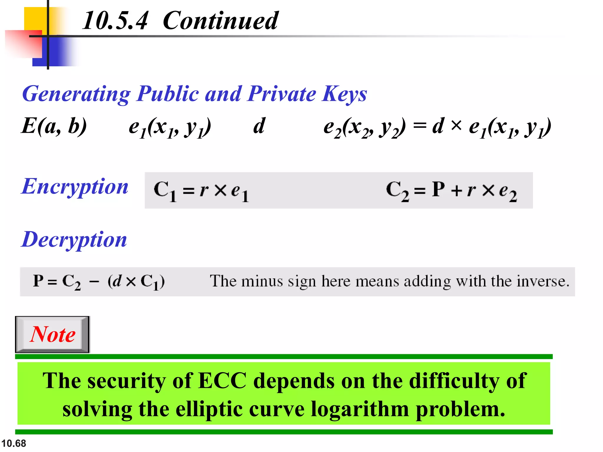 10.68
Generating Public and Private Keys
E(a, b) e1(x1, y1) d e2(x2, y2) = d × e1(x1, y1)
10.5.4 Continued
Encryption
Decryption
The security of ECC depends on the difficulty of
solving the elliptic curve logarithm problem.
Note
 
