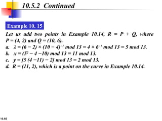 10.60
10.5.2 Continued
Example 10. 15
Let us add two points in Example 10.14, R = P + Q, where
P = (4, 2) and Q = (10, 6).
a. λ = (6 − 2) × (10 − 4)−1
mod 13 = 4 × 6−1
mod 13 = 5 mod 13.
b. x = (52
− 4 −10) mod 13 = 11 mod 13.
c. y = [5 (4 −11) − 2] mod 13 = 2 mod 13.
d. R = (11, 2), which is a point on the curve in Example 10.14.
 