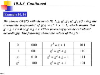 10.63
10.5.3 Continued
Example 10. 16
We choose GF(23
) with elements {0, 1, g, g2
, g3
, g4
, g5
, g6
} using the
irreducible polynomial of f(x) = x3
+ x + 1, which means that
g3
+ g + 1 = 0 or g3
= g + 1. Other powers of g can be calculated
accordingly. The following shows the values of the g’s.
 