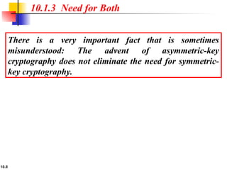 10.8
There is a very important fact that is sometimes
misunderstood: The advent of asymmetric-key
cryptography does not eliminate the need for symmetric-
key cryptography.
10.1.3 Need for Both
 