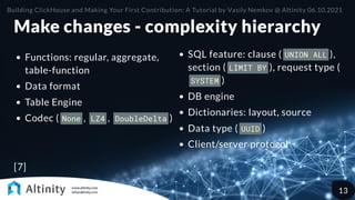 Make changes - complexity hierarchy
[7]
Functions: regular, aggregate,
table-function
Data format
Table Engine
Codec ( None , LZ4 , DoubleDelta )
SQL feature: clause ( UNION ALL ),
section ( LIMIT BY ), request type (
SYSTEM )
DB engine
Dictionaries: layout, source
Data type ( UUID )
Client/server protocol
Building ClickHouse and Making Your First Contribution: A Tutorial by Vasily Nemkov @ Altinity 06.10.2021
13
 