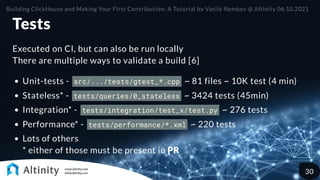 Tests
Executed on CI, but can also be run locally

There are multiple ways to validate a build [6]
Unit-tests - src/.../tests/gtest_*.cpp ~ 81 files ~ 10K test (4 min)
Stateless* - tests/queries/0_stateless ~ 3424 tests (45min)
Integration* - tests/integration/test_x/test.py ~ 276 tests
Performance* - tests/performance/*.xml ~ 220 tests
Lots of others

* either of those must be present in PR
Building ClickHouse and Making Your First Contribution: A Tutorial by Vasily Nemkov @ Altinity 06.10.2021
30
 