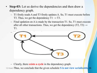 • Step-03: Let us derive the dependencies and then draw a
dependency graph.
– T1 firstly reads A and T3 firstly updates A. So, T1 must execute before
T3. Thus, we get the dependency T1 → T3.
– Final updation on A is made by the transaction T1. So, T1 must execute
after all other transactions. Thus, we get the dependency (T2, T3) →
T1.
– There exists no write-read sequence.
– Clearly, there exists a cycle in the dependency graph.
– Thus, we conclude that the given schedule S is not view serializable.
16 March 2021 35
 
