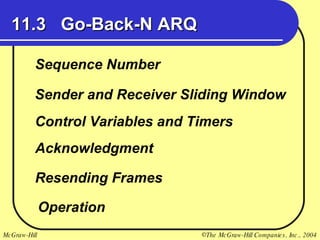 11.3  Go-Back-N ARQ Sequence Number Sender and Receiver Sliding Window Control Variables and Timers Acknowledgment Resending Frames Operation 