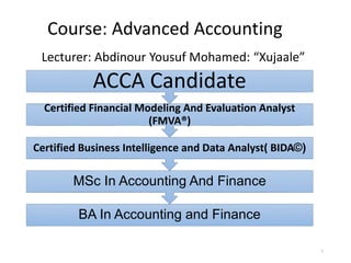 1
Course: Advanced Accounting
Lecturer: Abdinour Yousuf Mohamed: “Xujaale”
BA In Accounting and Finance
MSc In Accounting And Finance
Certified Business Intelligence and Data Analyst( BIDA©)
Certified Financial Modeling And Evaluation Analyst
(FMVA®)
ACCA Candidate
 