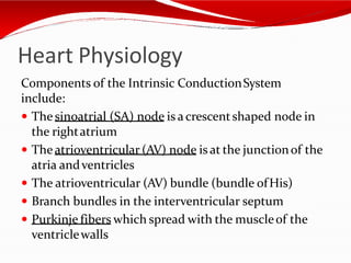 Heart Physiology
Components of the Intrinsic ConductionSystem
include:
 The sinoatrial (SA) node is acrescentshaped node in
the rightatrium
 Theatrioventricular (AV) node is at the junctionof the
atria andventricles
 The atrioventricular (AV) bundle (bundle ofHis)
 Branch bundles in the interventricular septum
 Purkinje fibers which spread with the muscleof the
ventriclewalls
 