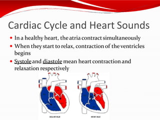 Cardiac Cycle and Heart Sounds
 In a healthy heart, theatria contractsimultaneously
 When theystart torelax, contraction of theventricles
begins
 Systoleand diastole mean heartcontraction and
relaxation respectively
 