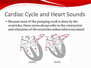 Cardiac Cycle and Heart Sounds
 Because most of the pumping work is done by the
ventricles, these terms always refer to the contraction
and relaxation of theventricles unlessotherwisestated
 