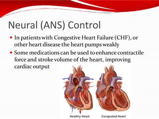 Neural (ANS) Control
 In patientswith Congestive Heart Failure (CHF), or
other heartdisease the heart pumpsweakly
 Some medicationscan be used toenhance contractile
force and stroke volume of the heart, improving
cardiac output
 
