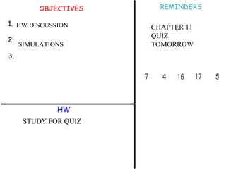 OBJECTIVES 1. 2. 3. HW REMINDERS SIMULATIONS HW DISCUSSION STUDY FOR QUIZ CHAPTER 11 QUIZ  TOMORROW 