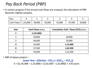 Pay Back Period (PBP)
• In certain projects if the annual cash flows are unequal, the calculation of PBP
becomes slightly complex.
• PBP of above project =
Lower Year + [(Outlay – CCFLL) ÷ (CCFUL – CCFLL)]
3 + [(1,35,000 – 1,15,000) ÷ (1,62,500 – 1,15,000)] = 3.42 years
Year 0 1 2 3 4 5
Cash Flows 1,35,000 30,000 40,000 45,000 47,500 50,000
Year Cash Flows (in Rs.) Cumulative Cash Flows (CCF) (in Rs.)
0 (1,35,000) -
1 30,000 30,000
2 40,000 70,000
3 45,000 1,15,000
4 47,500 1,62,500
5 50,000 2,12,500
 