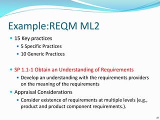 Example:REQM ML2
 15 Key practices
 5 Specific Practices
 10 Generic Practices
 SP 1.1-1 Obtain an Understanding of Requirements
 Develop an understanding with the requirements providers
on the meaning of the requirements
 Appraisal Considerations
 Consider existence of requirements at multiple levels (e.g.,
product and product component requirements.).
18
 