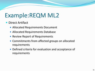 Example:REQM ML2
 Direct Artifact
 Allocated Requirements Document
 Allocated Requirements Database
 Review Report of Requirements
 Commitments from affected groups on allocated
requirements
 Defined criteria for evaluation and acceptance of
requirements
19
 