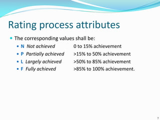 Rating process attributes
 The corresponding values shall be:
 N Not achieved 0 to 15% achievement
 P Partially achieved >15% to 50% achievement
 L Largely achieved >50% to 85% achievement
 F Fully achieved >85% to 100% achievement.
7
 