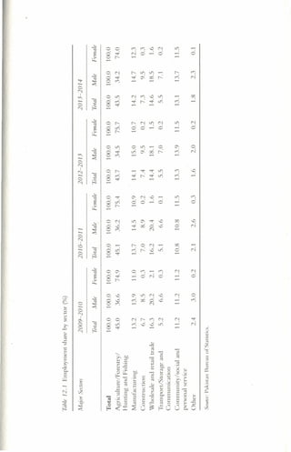 Table12.1Employmentsharebysector(%)
MajorSectors2009-20102010-20112012-20132013-2014
'IillalMalePemale'lalalMaleFemaleTotalMaleFemaleTOlalMaleFemale
Total100.0100.0100.0100.0100.0100.0100.0100.0100.0100.0100.0100.0
Agriculture/Forestry/45.036.674.945.136.275.443.734.575.743.534.274.0
HuntingandFishing
Manufacturing13.213.911.013.714.510.914.115.010.714.214.712.3
Construction6.78.50.37.08.90.27.49.50.27.39.50.3
Wholesaleandretailtrade16.320.22.116.220.41.614.418.11.514.618.51.6
Transport/Storageand5.26.60.35.16.60.15.57.00.25.57.10.2
Communication
Communiry/socialand11.211.211.210.810.811.513.313.911.513.113.711.5
personalservice
Other2.43.00.22.12.60.31.62.00.21.82.30.1
Source:PakistanIlureauofStatistics.
 