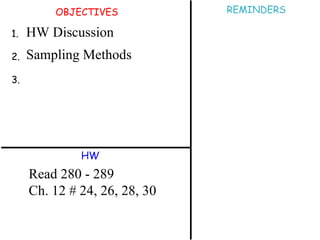 OBJECTIVES 1. 2. 3. HW REMINDERS Read 280 - 289 Ch. 12 # 24, 26, 28, 30 HW Discussion Sampling Methods 