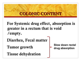 COLONIC CONTENT

For Systemic drug effect, absorption is
greater in a rectum that is void
/empty.
Diarrhea, Fecal matter
                          Slow down rectal
Tumor growth              drug absorption

Tissue dehydration
 
