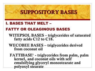 SUPPOSITORY BASES

I. BASES THAT MELT –
FATTY OR OLEAGINOUS BASES
 WITEPSOL BASES – triglycerides of saturated
   fatty acids C12 to C18.
 WECOBEE BASES – triglycerides derived
  from coconut oil
 FATTIBASE® - triglycerides from palm, palm
   kernel, and coconut oils with self
   emulsifying glyceryl monostearate and
   polyoxyl stearate
 