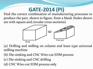 GATE-2014 (PI)
Find the correct combination of manufacturing processes to
produce the part, shown in figure, from a blank (holes shown
are with square and circular cross-sections)
(a) Drilling and milling on column and knee type universal
milling machine
(b) Die-sinking and CNC Wire-cut EDM process
(c) Die-sinking and CNC drilling
(d) CNC Wire-cut EDM process only
 