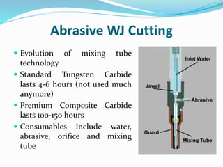 Abrasive WJ Cutting
 Evolution of mixing tube
technology
 Standard Tungsten Carbide
lasts 4-6 hours (not used much
anymore)
 Premium Composite Carbide
lasts 100-150 hours
 Consumables include water,
abrasive, orifice and mixing
tube
 