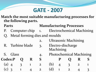 GATE - 2007
Match the most suitable manufacturing processes for
the following parts.
Parts Manufacturing Processes
P. Computer chip 1. Electrochemical Machining
Q. Metal forming dies and moulds
2. Ultrasonic Machining
R. Turbine blade 3. Electro-discharge
Machining
S. Glass 4. Photochemical Machining
Codes:P Q R S P Q R S
(a) 4 3 1 2 (b) 4 3 2 1
(c) 3 1 4 2 (d) 1 2 4 3
 