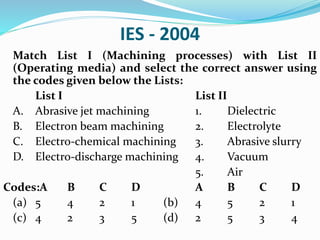 IES - 2004
Match List I (Machining processes) with List II
(Operating media) and select the correct answer using
the codes given below the Lists:
List I List II
A. Abrasive jet machining 1. Dielectric
B. Electron beam machining 2. Electrolyte
C. Electro-chemical machining 3. Abrasive slurry
D. Electro-discharge machining 4. Vacuum
5. Air
Codes:A B C D A B C D
(a) 5 4 2 1 (b) 4 5 2 1
(c) 4 2 3 5 (d) 2 5 3 4
 