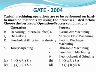 GATE - 2004
Typical machining operations are to be performed on hard-
to-machine materials by using the processes listed below.
Choose the best set of Operation-Process combinations
Operation Process
P. Debarring (internal surface) 1. Plasma Arc Machining
Q. Die sinking 2. Abrasive Flow Machining
R. Fine hole drilling in thin sheets 3. Electric Discharge
Machining
S. Tool sharpening 4. Ultrasonic Machining
5. Laser beam Machining
6. Electrochemical Grinding
(a) P-1 Q-5 R-3 S-4 (b) P-1 Q-4 R-1 S-2
(c) P-5 Q-1 R-2 S-6 (d) P-2 Q-3 R-5 S-6
 