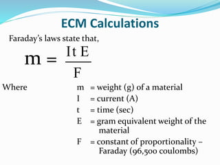 ECM Calculations
Faraday’s laws state that,
m =
Where m = weight (g) of a material
I = current (A)
t = time (sec)
E = gram equivalent weight of the
material
F = constant of proportionality –
Faraday (96,500 coulombs)
It E
F
 