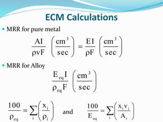 ECM Calculations
 MRR for pure metal
 MRR for Alloy
   
   
    
3 3
AI cm EI cm
vF sec F sec
 
 
  
3
eq
eq
E I cm
F sec
 
  
  
 i
ieq i
x100  
  
 
 i i
ieq i
x v100
E A
and
 
