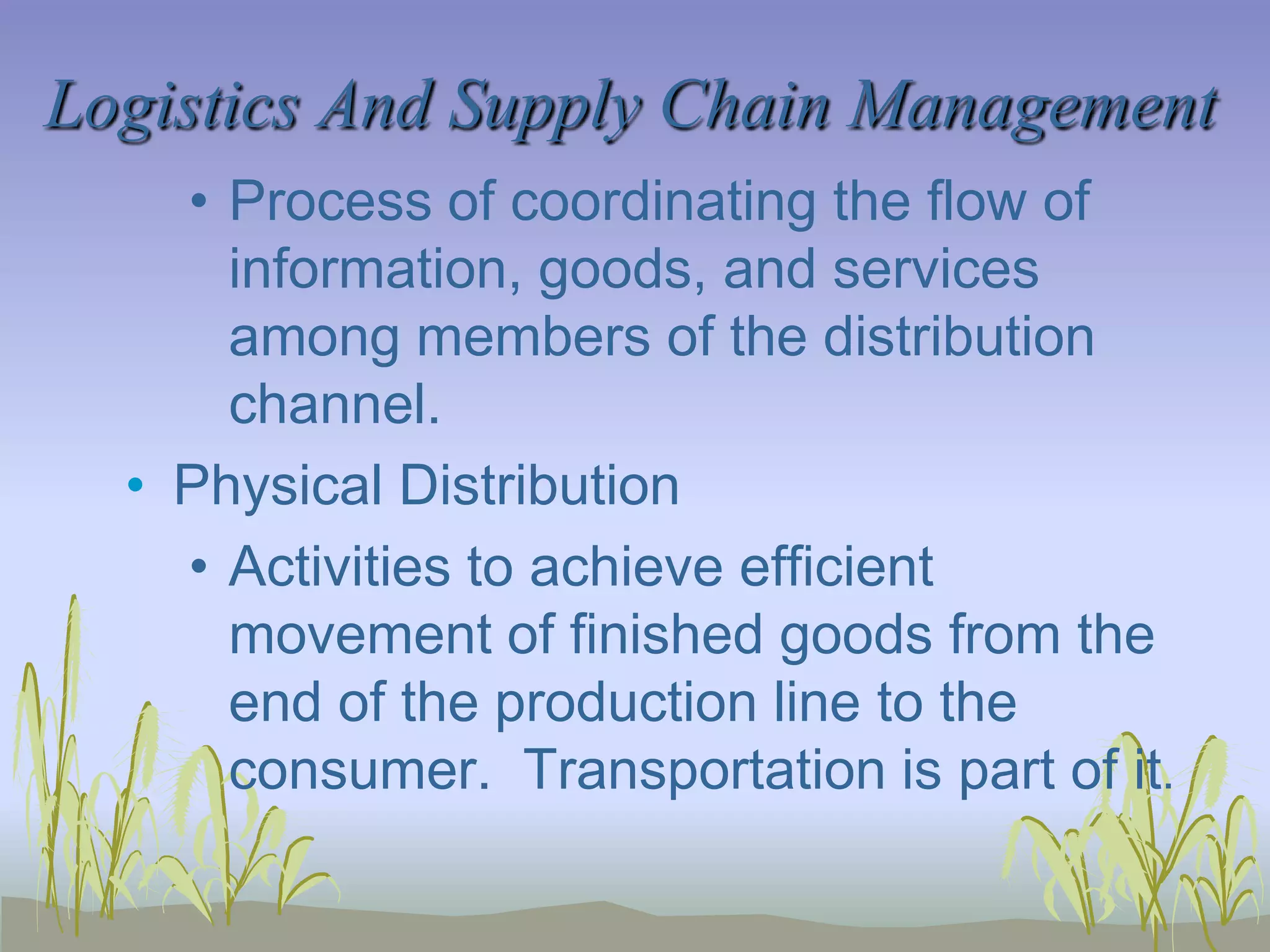 Determining Distribution IntensityIntensive Distribution	-  used for convenience goods	-  saturation coverage of the marketSelective Distribution	-  a firm chooses only a limited number of 	retailer in a market area to handle its 	product.	-  cooperative advertising is frequently usedExclusive Distribution	-  specialty goods	-  one wholesaler or retailer in a geographic 	region.