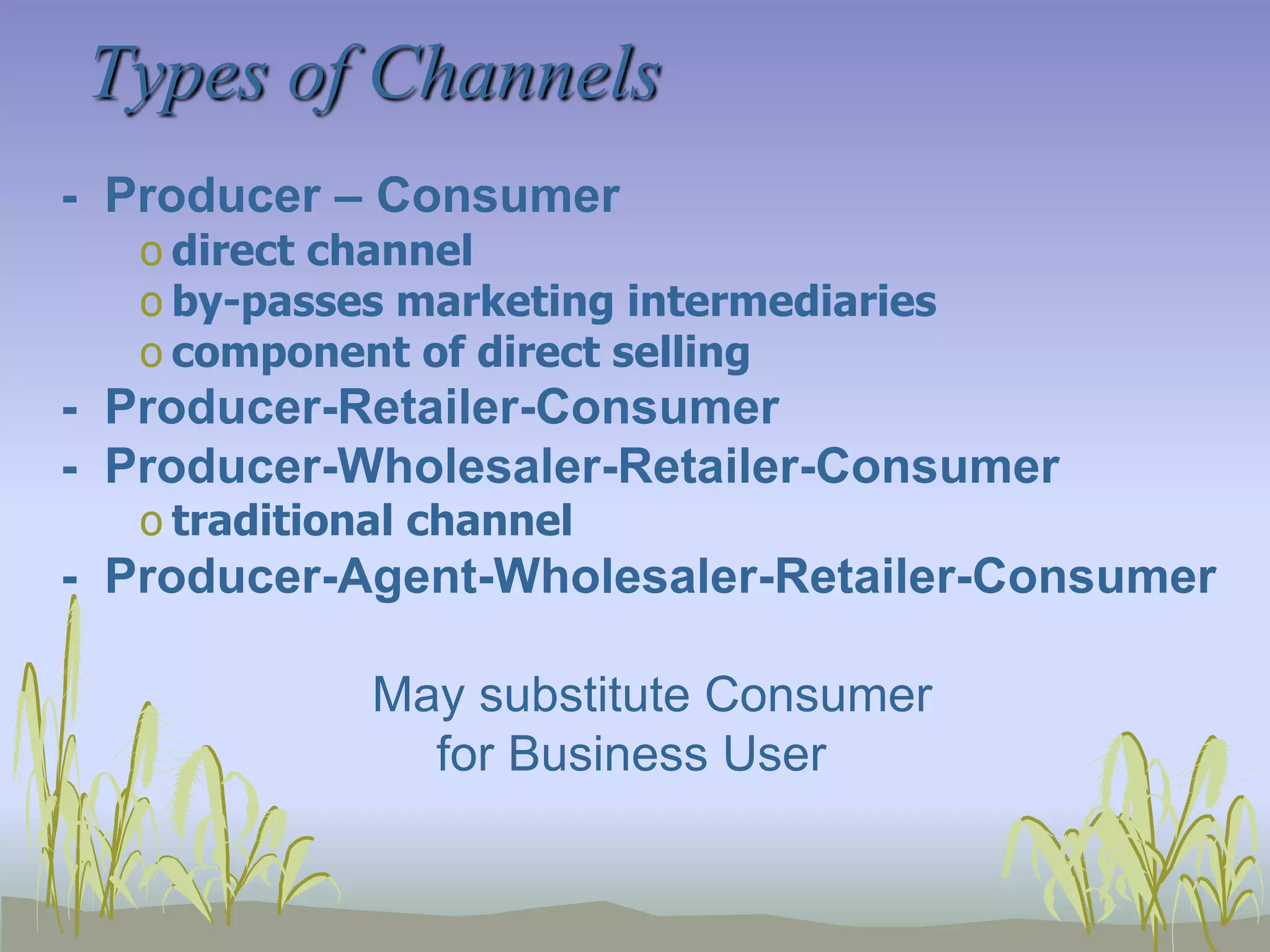 Types of Channels	-  Producer – Consumerdirect channel