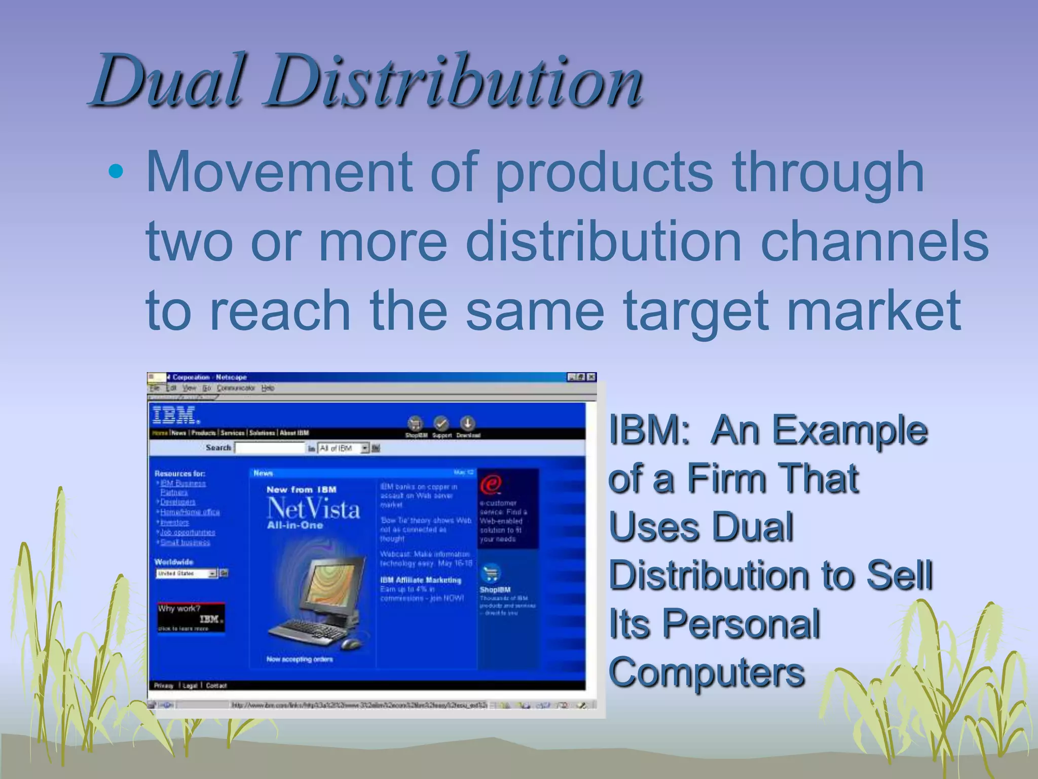 component of direct selling	-  Producer-Retailer-Consumer	-  Producer-Wholesaler-Retailer-Consumertraditional channel	-  Producer-Agent-Wholesaler-Retailer-Consumer		                 May substitute Consumer                               for Business User