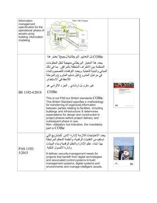 Information
management
specification for the
operational phase of
assets using
building information
modeling
BS 1192-4:2014
‫هذا‬ ‫يعتبر‬ ‫ال‬pas‫ل‬ ‫البريطانية‬ ‫المعايير‬ ‫بل‬ COBie
‫المعلومات‬ ‫لنقل‬ ‫منهجية‬‫البريطاني‬ ‫المعيار‬ ‫هذا‬ ‫يحدد‬
‫ذلك‬ ‫في‬ ‫بما‬ ,‫بالمرافق‬ ‫المتعلقة‬ ‫االطراف‬ ‫بين‬ ‫المنظمة‬
‫والبناء‬ ‫للتصميم‬ ‫التوقعات‬ ‫ويحدد‬.‫التحتية‬ ‫والبنية‬ ‫المباني‬
‫والمرحلة‬ ‫المشروع‬ ‫تسليم‬ ‫قبل‬ ‫المشروع‬ ‫مراحل‬ ‫في‬
.‫االستخدام‬ ‫في‬ ‫الالحقة‬
‫هو‬ ‫االلزامي‬ ‫الجزء‬ , ‫اريشادي‬ ‫بل‬ ‫ملزم‬ ‫غير‬
COBie
This is not PAS but British standards COBie.
This British Standard specifies a methodology
for transferring of organized information
between parties relating to facilities, including
buildings and infrastructure. It determines
expectations for design and construction in
project phases before project delivery and
subsequent phase in use.
Non- obligatory but indicative, the mandatory
part is COBie
PAS 1192-
5:2015
‫التي‬ ‫للمشاريع‬ ‫االمن‬ ‫إلدارة‬ ‫الالزمة‬ ‫االحتياجات‬ ‫يحدد‬
‫المرتبطة‬ ‫التحكم‬ ‫وأنظمة‬ ،‫الرقمية‬ ‫التقنيات‬ ‫من‬‫تستفيد‬
‫البيئات‬ ‫وبناء‬ ‫الرقمية‬ ‫والنظم‬ ‫اإلدارة‬ ‫نظم‬ ‫لبناء‬ ،‫بها‬
.‫الذكية‬ ‫األصول‬ ‫وإدارة‬
It defines security management needs for
projects that benefit from digital technologies
and associated control systems to build
management systems, digital systems and
environments and manage intelligent assets.
 