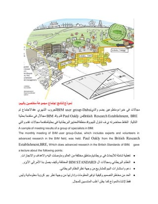 :‫بالبيم‬ ‫مختصين‬ ‫مجموعة‬ ‫إجتماع‬ ‫لنتائج‬‫نموذج‬
‫تم‬ ‫عقداالجتماع‬ ‫الشهري‬ ‫للجروب‬BIM user group-Dubai‫والذي‬ ‫يضم‬ ‫خبراءومتطوعين‬ ‫في‬ ‫مجاالت‬
‫بحثية‬ ‫متقدمة‬ ‫في‬ ‫مجاالل‬ BIM ‫وقد‬ ‫قام‬ Paul Oakly ‫من‬British Research Establishment, BRE
‫والتي‬ ‫تقدم‬ ‫مجاالت‬ ‫بحثيةمتقدمة‬ ‫في‬ ‫منطقة‬
‫ال‬
‫معايير‬
‫البريطانية‬ ‫لل‬
‫بيم‬
‫وقد‬ ‫تناول‬ ‫ف‬ ‫ي‬ ‫محاضرته‬ ‫النقاط‬ ‫التالية‬
:
A sample of meeting results of a group of specialists in BIM:
The monthly meeting of BIM user group-Dubai, which includes experts and volunteers in
advanced research in the BIM field, was held. Paul Oakly from the British Research
Establishment,BRE, Which does advanced research in the British Standards of BIM, gave
a lecture about the following points:

‫تغطية‬
‫يشاملة‬
‫لألبحاث‬
‫في‬
‫بريطانياومناطق‬
‫مختلفة‬
‫من‬
‫العالم‬
‫وماوصلت‬
‫اليه‬
‫واالهداف‬
‫واالنجازات‬
.

‫ال‬
‫نظام‬
‫البريطاني‬
‫ومجاالت‬
‫ال‬
BIM STANDARD
‫المختلفة‬
‫وكيف‬
‫يصل‬
‫بنا‬
‫األمر‬
‫إ‬
‫لي‬
‫األ‬
‫يزو‬
.

‫دعم‬
‫واستشارات‬
‫ال‬
‫بيم‬
‫للمشاريع‬
‫من‬
‫وجهة‬
‫نظرال‬
‫نظام‬
‫البريطاني‬
.

‫الحد‬
‫من‬
‫مخاطرالتصميم‬
‫وكيفية‬
‫توفيرالمعلومات‬
‫و‬
‫إ‬
‫دارتها‬
‫من‬
‫وجهة‬
‫نظر‬
‫ب‬
‫ي‬
‫م‬
‫كرؤية‬
‫معلوماتية‬
‫وليس‬
‫فقط‬
‫إلنشاءالنموذج‬
‫كما‬
‫يظن‬
‫أ‬
‫غلب‬
‫المنتسبين‬
‫للمجال‬
.
 