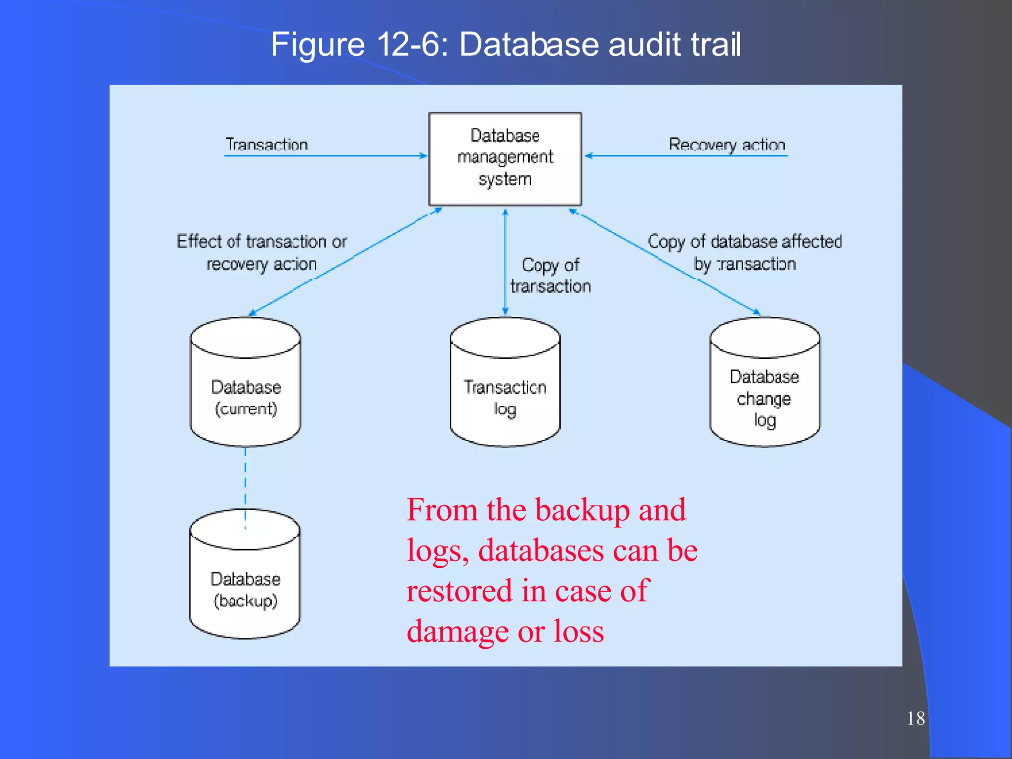 Figure 12-6: Database audit trail From the backup and logs, databases can be restored in case of damage or loss 