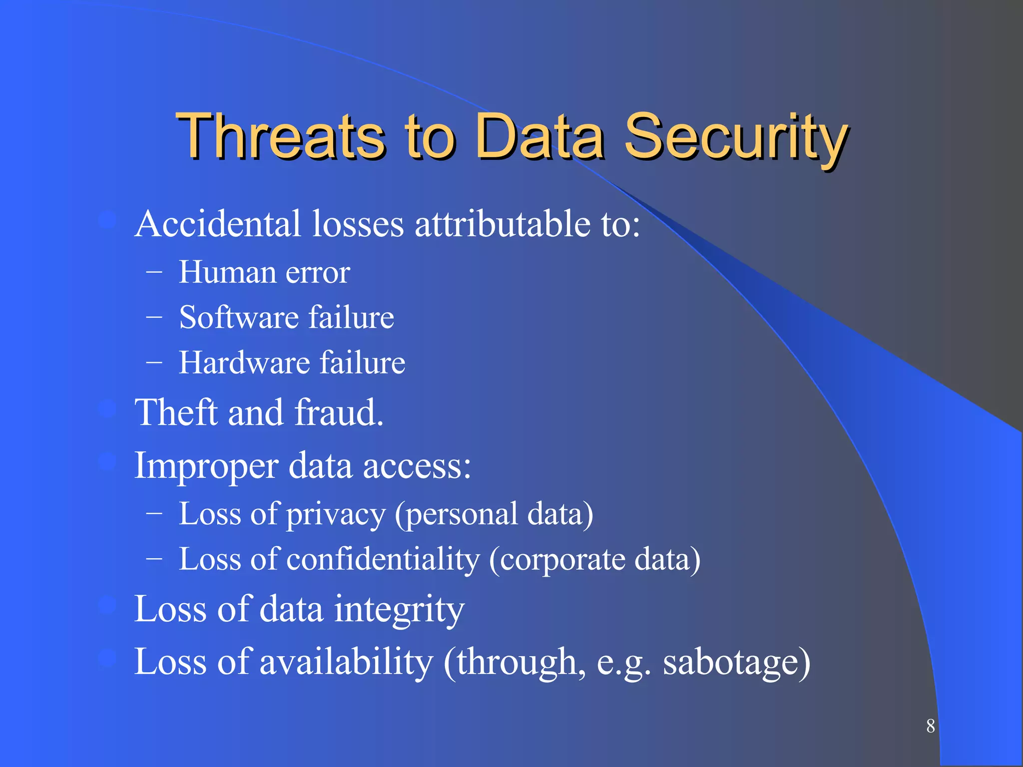 Threats to Data Security Accidental losses attributable to: Human error Software failure Hardware failure Theft and fraud. Improper data access: Loss of privacy (personal data) Loss of confidentiality (corporate data) Loss of data integrity Loss of availability (through, e.g. sabotage) 