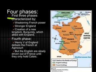 Four phases: First three phases characterized by: Weakening French power Stronger England Creation of a new kingdom, Burgundy, which allied with England. Fourth phase: Henry V of England defeats the French at Agincourt But the English are slowly driven out of France until they only hold Calais. 