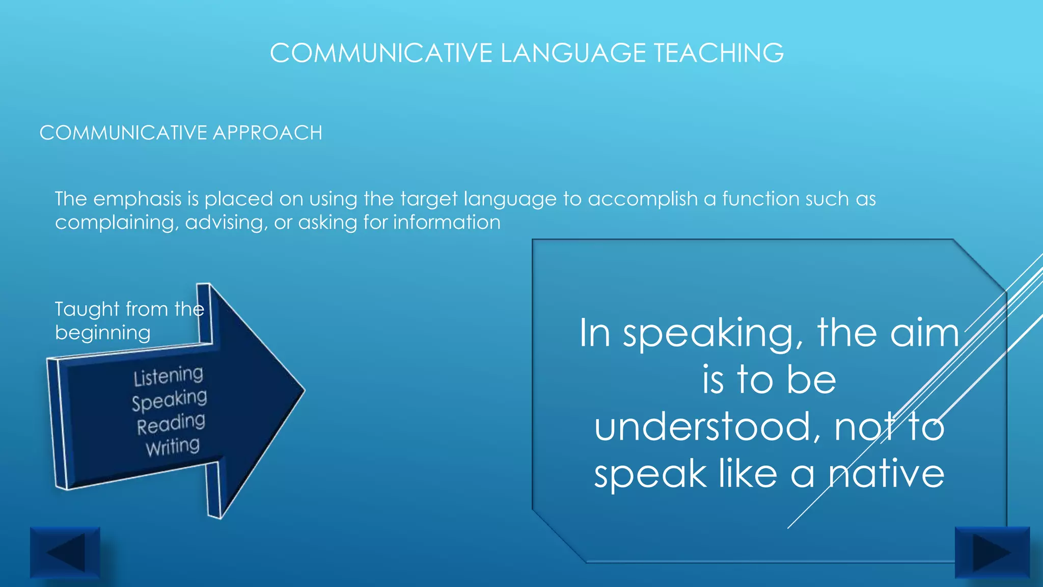 COMMUNICATIVE LANGUAGE TEACHING

COMMUNICATIVE APPROACH


 The emphasis is placed on using the target language to accomplish a function such as
 complaining, advising, or asking for information



 Taught from the
 beginning                                            In speaking, the aim
                                                            is to be
                                                       understood, not to
                                                       speak like a native
 