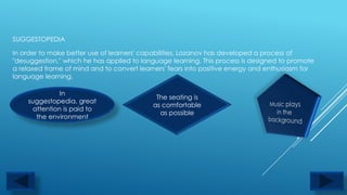 SUGGESTOPEDIA

In order to make better use of learners' capabilities, Lozanov has developed a process of
"desuggestion," which he has applied to language learning. This process is designed to promote
a relaxed frame of mind and to convert learners' fears into positive energy and enthusiasm for
language learning.

               In
                                            The seating is
    suggestopedia, great
                                           as comfortable
      attention is paid to
                                             as possible
       the environment
 