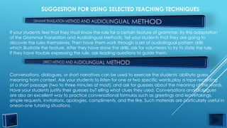 SUGGESTION FOR USING SELECTED TEACHING TECHNIQUES



If your students feel that they must know the rule for a certain feature of grammar, try this adaptation
of the Grammar Translation and Audiolingual Methods. Tell your students that they are going to
discover the rules themselves. Then have them work through a set of audiolingual pattern drills
which illustrate the feature. After they have done the drills, ask for volunteers to try to state the rule.
If they have trouble expressing the rule, ask leading questions to guide them.




Conversations, dialogues, or short narratives can be used to exercise the students' abilityto guess
meaning from context. Ask your students to listen for one or two specific words,play a tape recording
of a short passage (two to three minutes at most), and ask for guesses about the meaning of the words.
Have your students justify their guesses byT elling what clues they used. Conversations and dialogues
are also an excellent way to practice conversational formulas such as greetings and leavetakings,
simple requests, invitations, apologies, compliments, and the like. Such materials are particularly useful in
oneon-one tutoring situations.
 