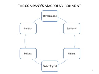 THE COMPANY’S MACROENVIRONMENT
Demographic

Cultural

Economic

Political

Natural

Technological
19

 