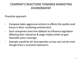 COMPANY’S REACTIONS TOWARDS MARKETING
ENVIRONMENT
Proactive approach
-

-

Company takes aggressive actions to affects the publics and
forces in their marketing environment.
Such companies even hire lobbyist to influence legislation
affecting their industries & stage media events to gain
favorable press coverage.
Example would be Air Asia operates as low cost carrier even
though there s economic downturn.

28

 