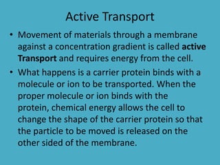 Active Transport
• Movement of materials through a membrane
against a concentration gradient is called active
Transport and requires energy from the cell.
• What happens is a carrier protein binds with a
molecule or ion to be transported. When the
proper molecule or ion binds with the
protein, chemical energy allows the cell to
change the shape of the carrier protein so that
the particle to be moved is released on the
other sided of the membrane.

 