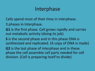 Interphase
Cells spend most of their time in interphase.
3 phases in Interphase.
G1 is the first phase. Cell grows rapidly and carries
out metabolic activity (doing its job)
S is the second phase and in this phase DNA is
synthesized and replicated. (A copy of DNA is made)
G2 is the last phase of interphase and in these
phase the cell assemble cell parts needed for cell
division. (Cell is preparing itself to divide)

 