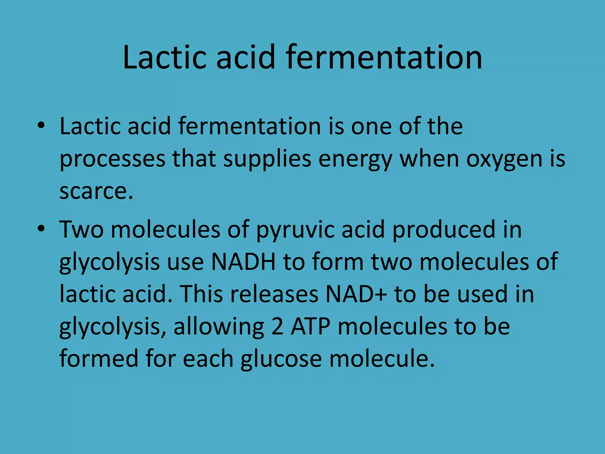 Lactic acid fermentation
• Lactic acid fermentation is one of the
processes that supplies energy when oxygen is
scarce.
• Two molecules of pyruvic acid produced in
glycolysis use NADH to form two molecules of
lactic acid. This releases NAD+ to be used in
glycolysis, allowing 2 ATP molecules to be
formed for each glucose molecule.

 