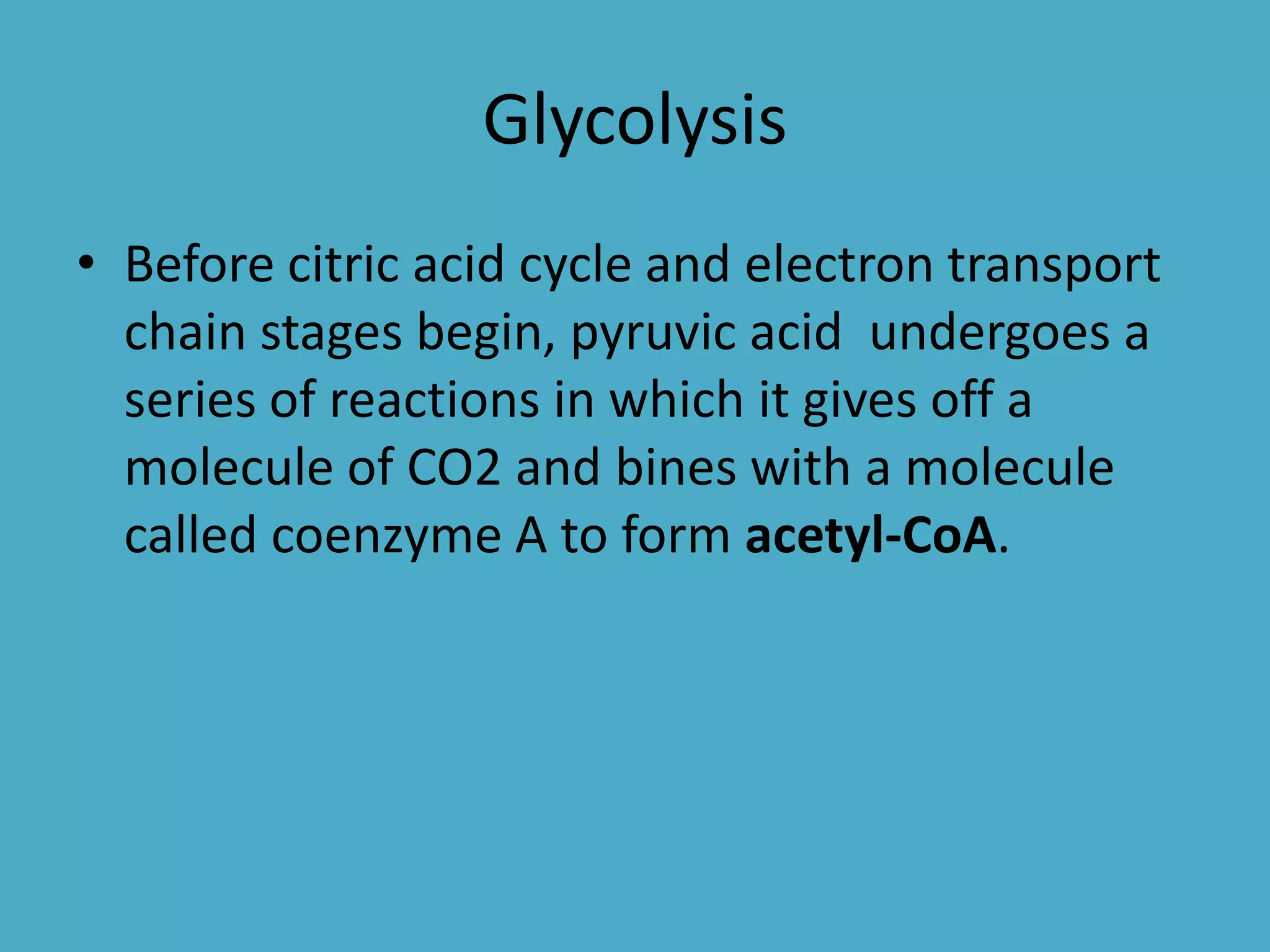 Glycolysis
• Before citric acid cycle and electron transport
chain stages begin, pyruvic acid undergoes a
series of reactions in which it gives off a
molecule of CO2 and bines with a molecule
called coenzyme A to form acetyl-CoA.

 