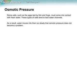 Lesson Overview

Cell Transport

Osmotic Pressure
Some cells, such as the eggs laid by fish and frogs, must come into contact
with fresh water. These types of cells tend to lack water channels.
As a result, water moves into them so slowly that osmotic pressure does not
become a problem.

 