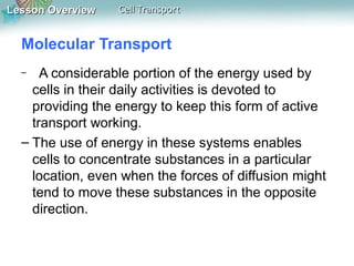 Lesson Overview

Cell Transport

Molecular Transport
A considerable portion of the energy used by
cells in their daily activities is devoted to
providing the energy to keep this form of active
transport working.
– The use of energy in these systems enables
cells to concentrate substances in a particular
location, even when the forces of diffusion might
tend to move these substances in the opposite
direction.
–

 